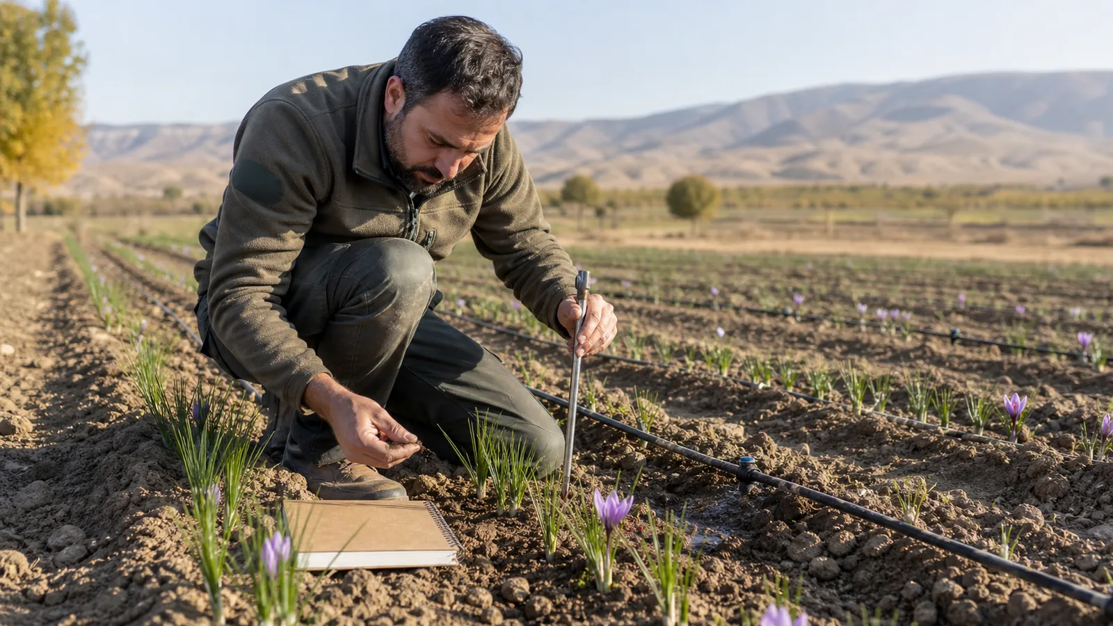 Farmer checking soil moisture beside saffron drip irrigation