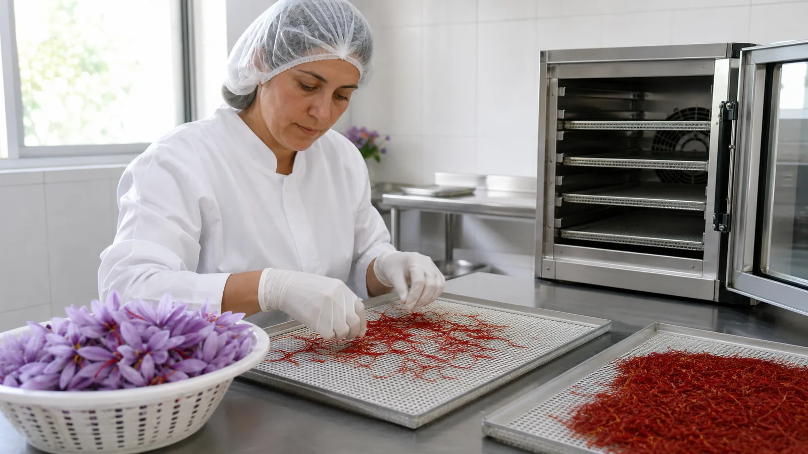 Processor arranging saffron stigmas on a drying tray