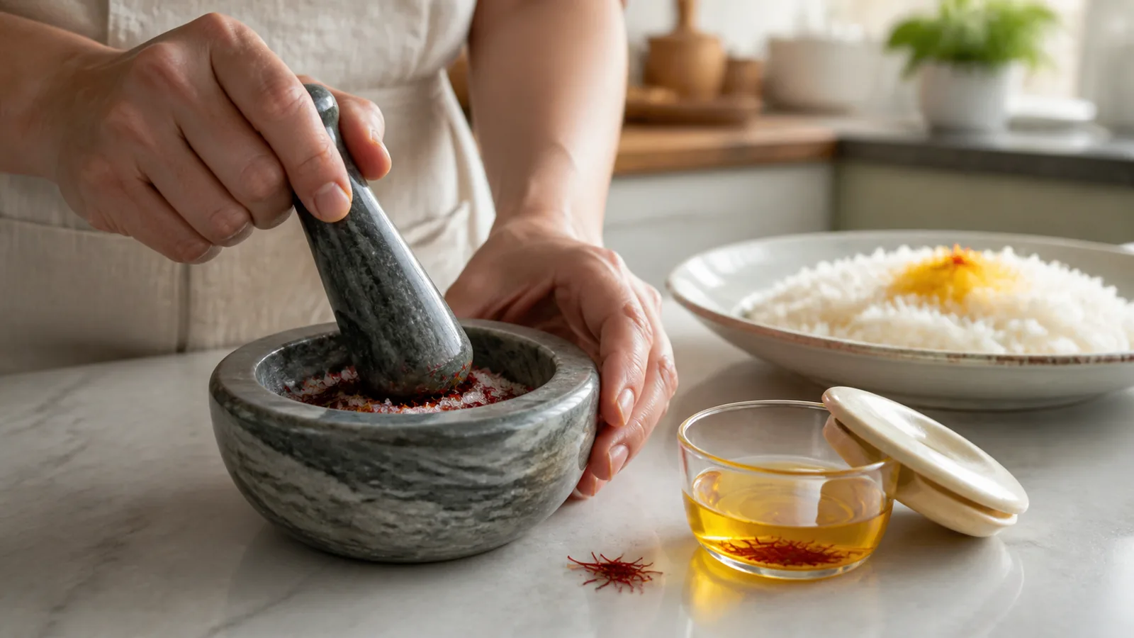 Pure saffron ground in a mortar beside a hot-water infusion
