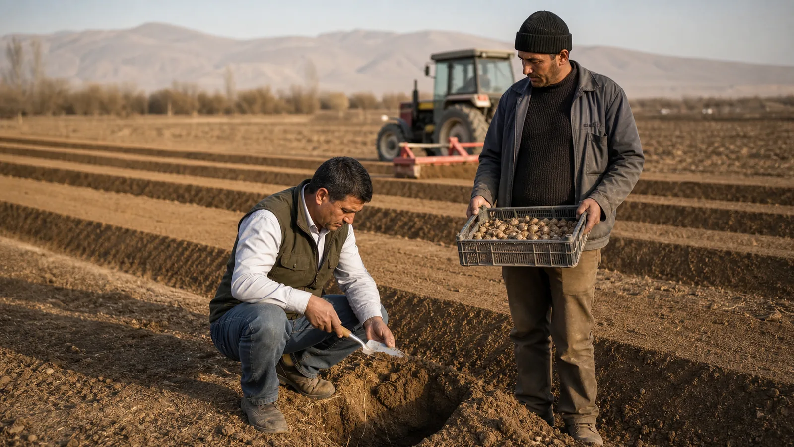 Agronomist checking prepared soil while a farmer holds saffron corms