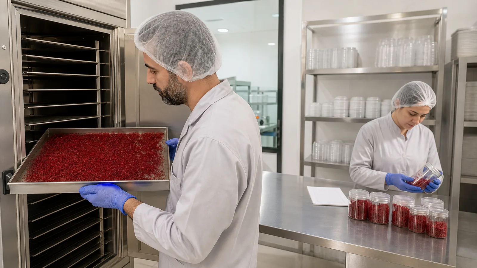 Saffron production technicians loading stigmas into a controlled dryer