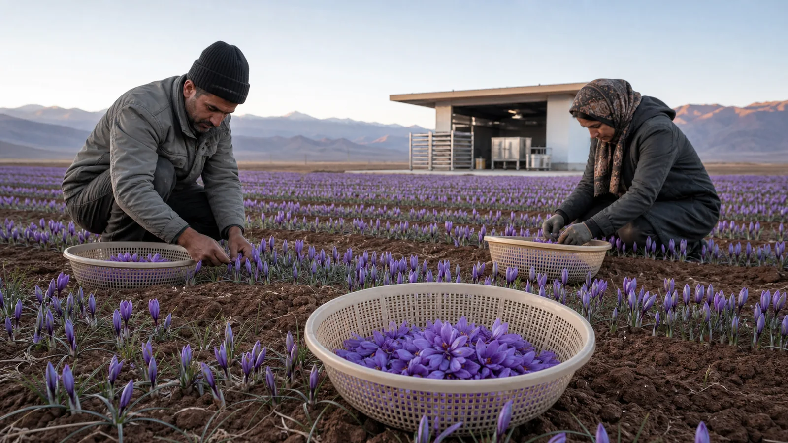 Workers harvesting Iranian saffron flowers into shallow baskets at dawn
