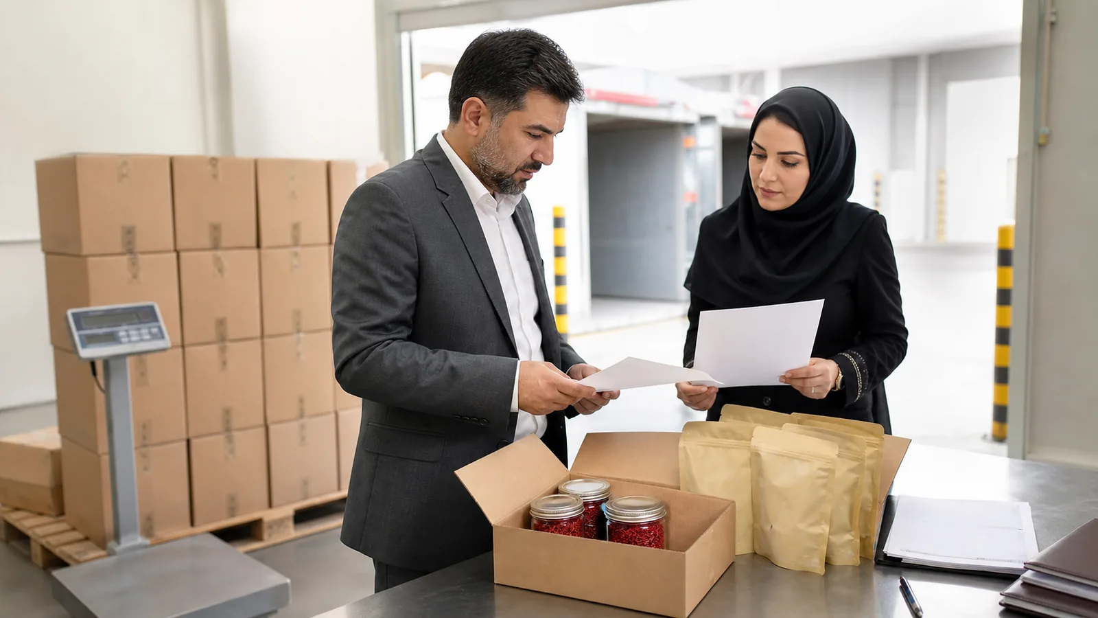 Iranian saffron exporters checking documents against packed goods