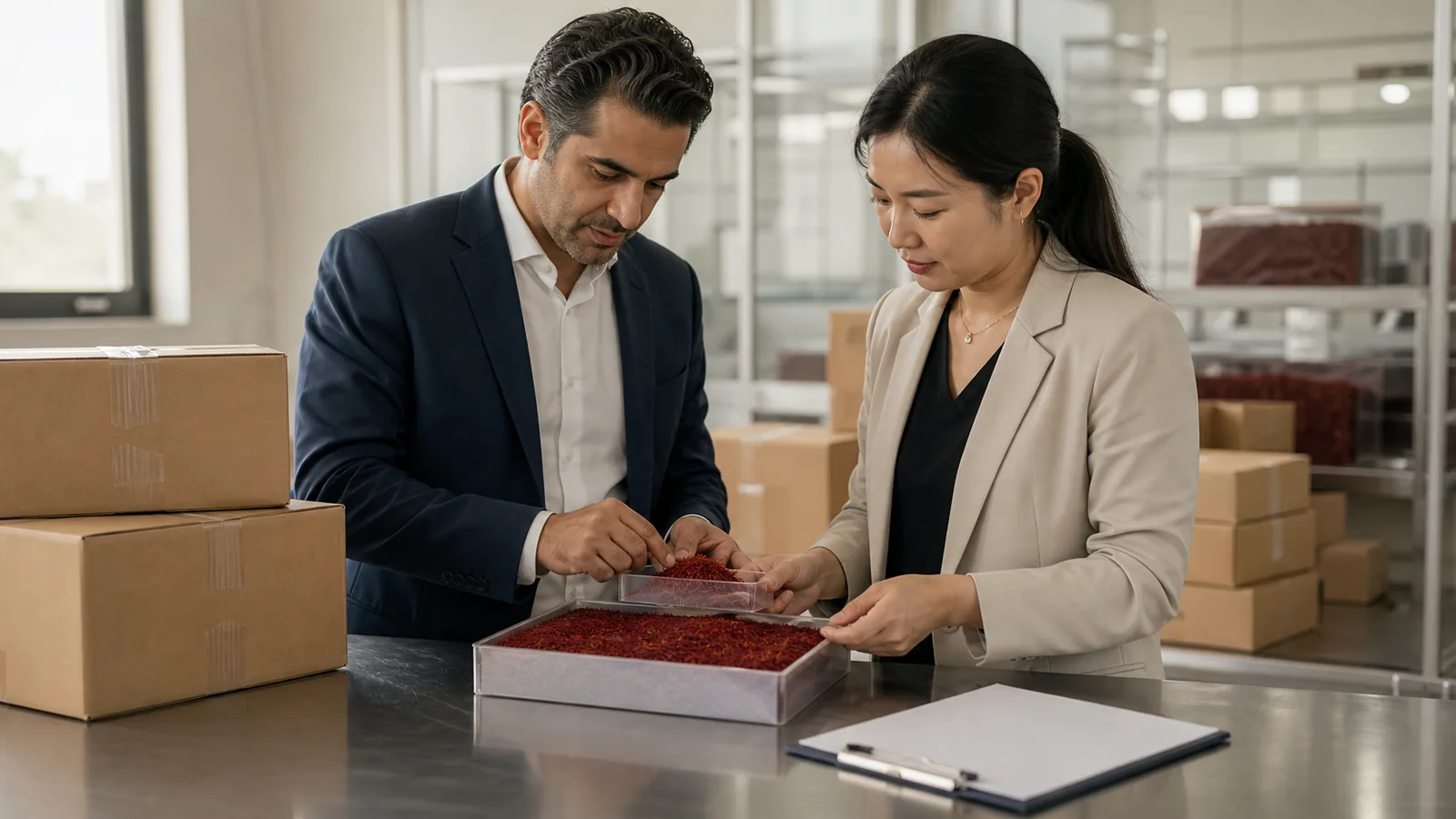 Iranian saffron exporter and Chinese importer reviewing a shipment lot