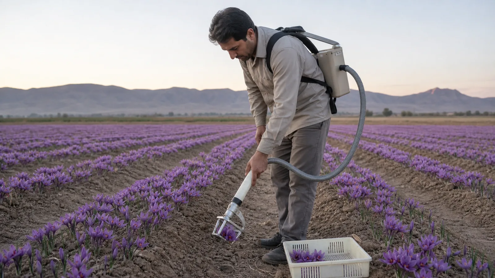 Iranian engineer field-testing a portable saffron harvesting machine