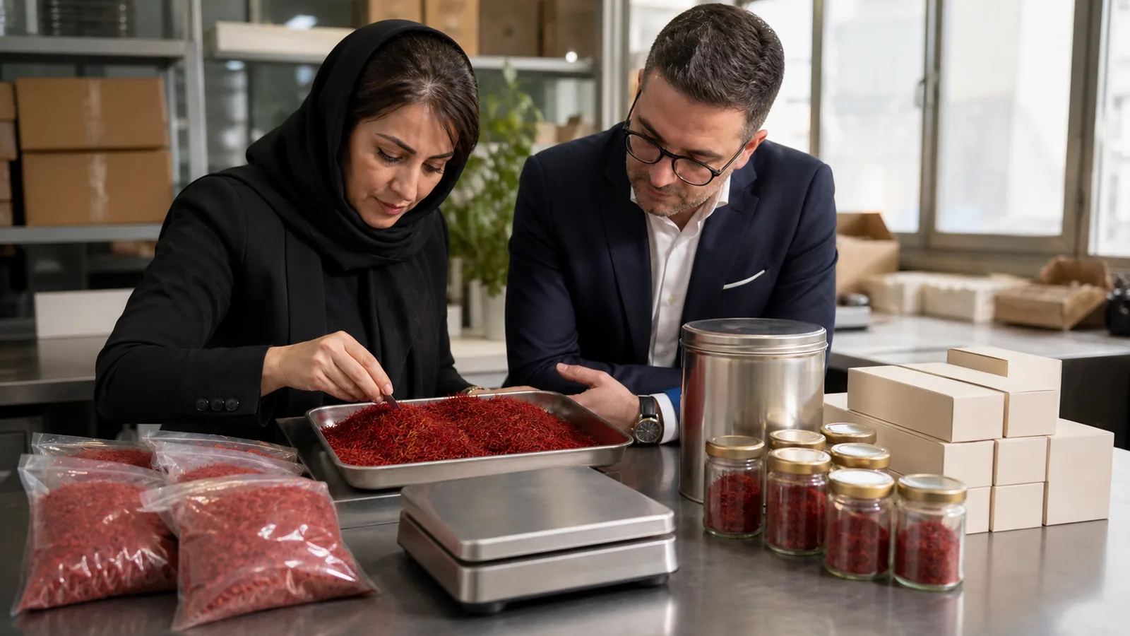 Iranian saffron exporter and buyer reviewing bulk and private-label packs