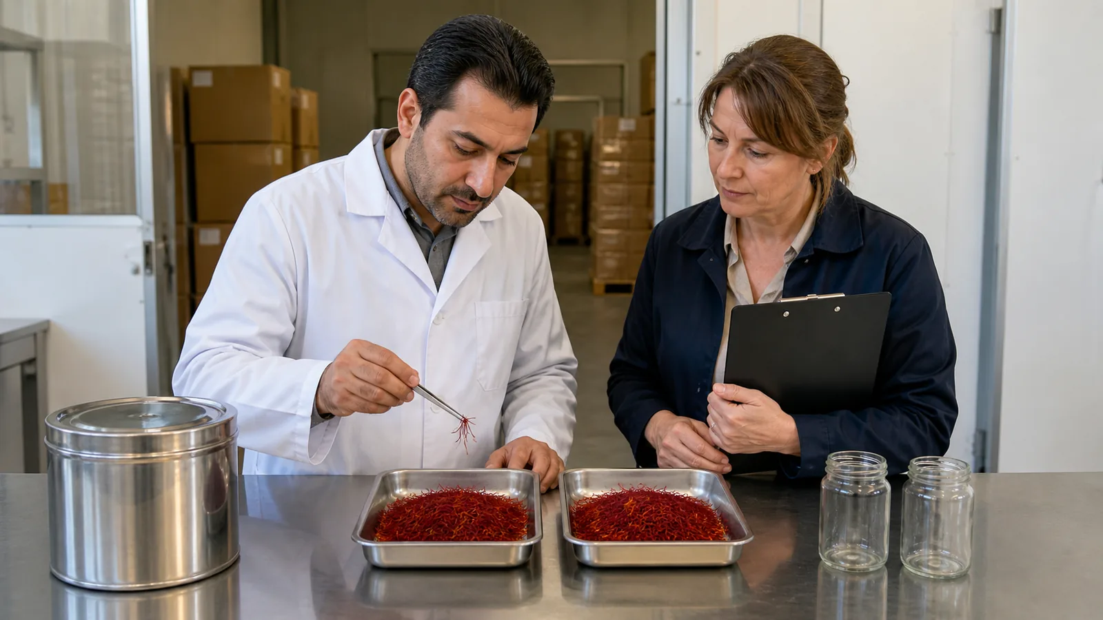 Quality technician and buyer comparing Iranian saffron supplier samples