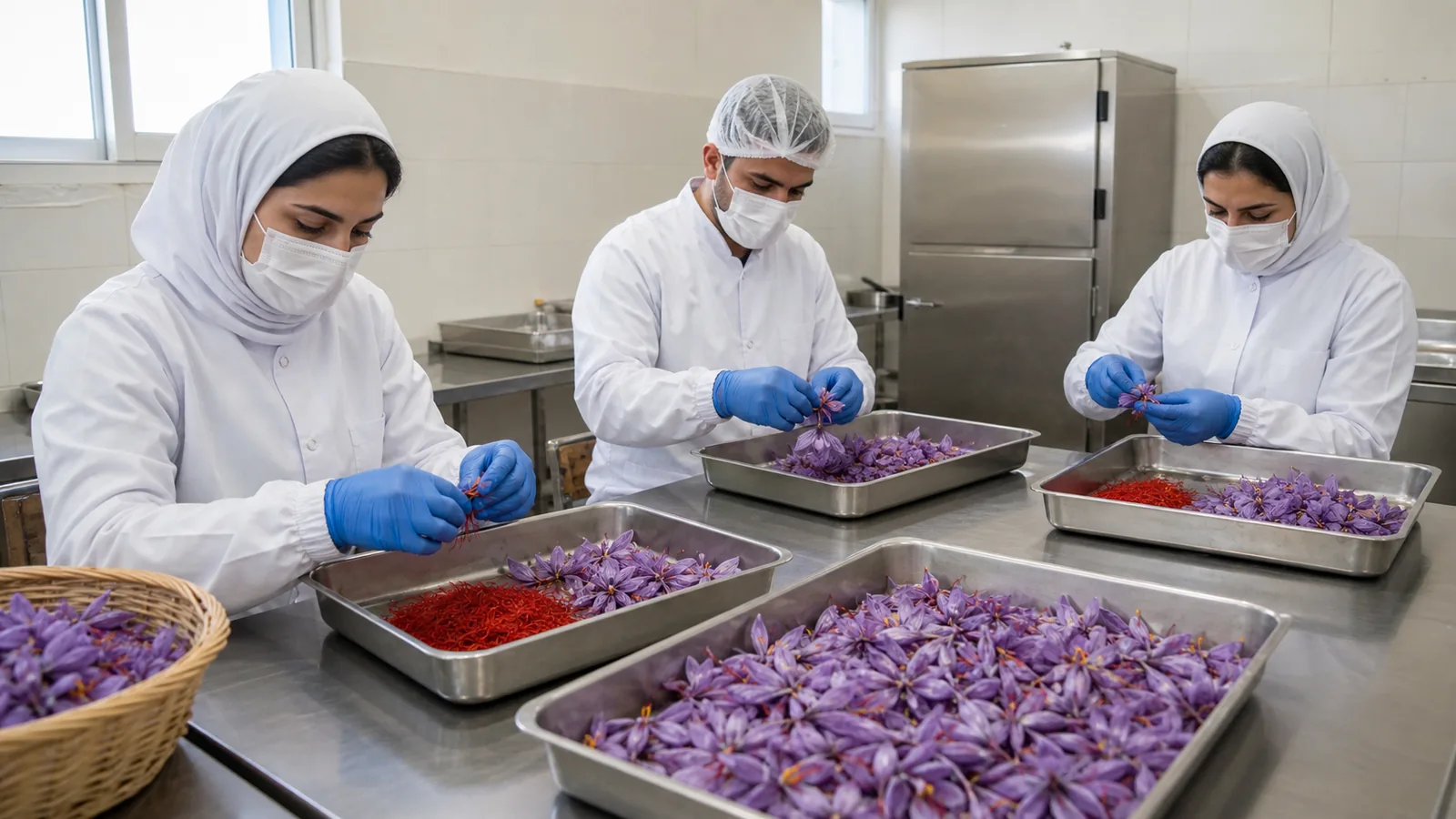 Trained workers separating organic Iranian saffron flowers in a hygienic room