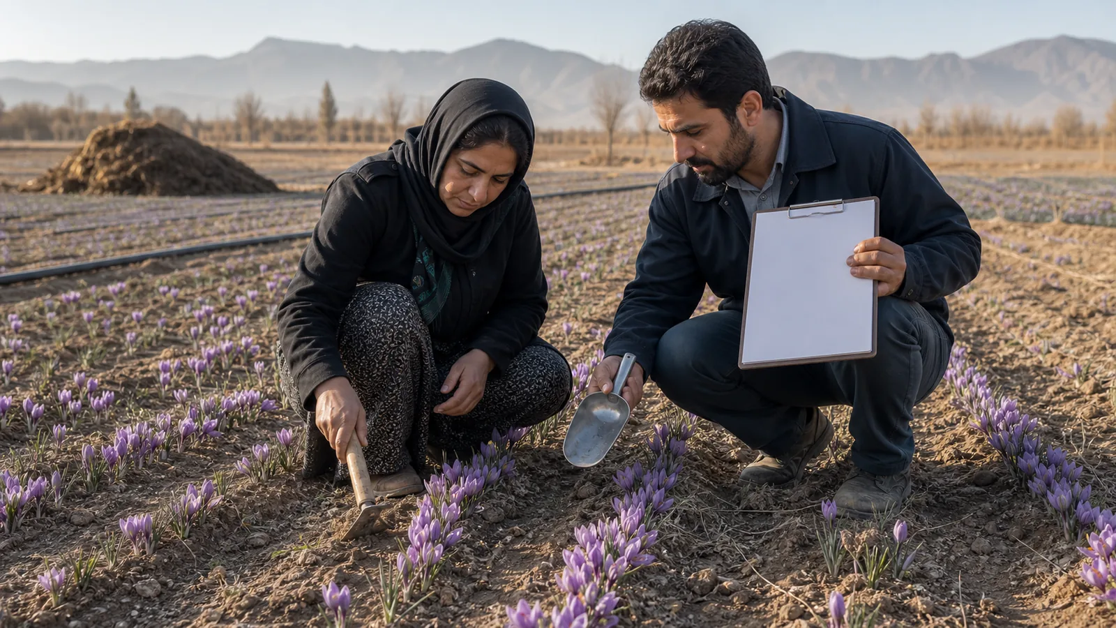 Iranian farmer and inspector reviewing an organic saffron field