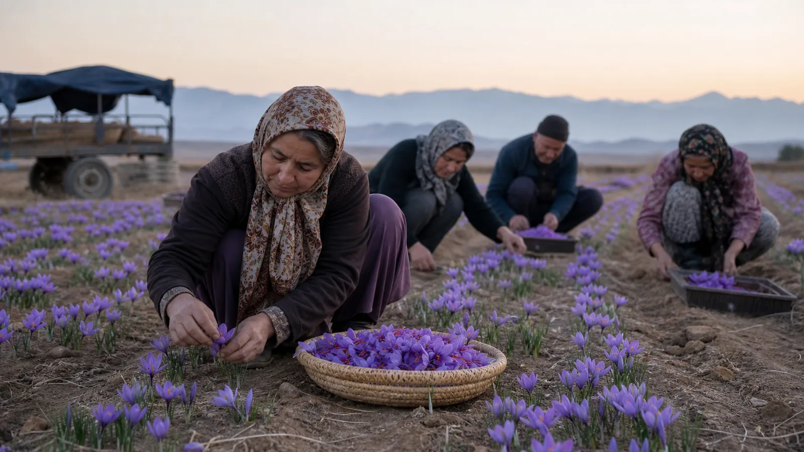 Iranian workers harvesting saffron flowers by hand in Khorasan