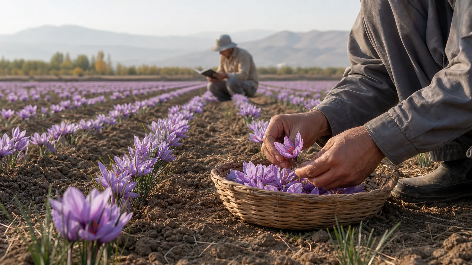 Worker harvesting saffron flowers in organized farm rows