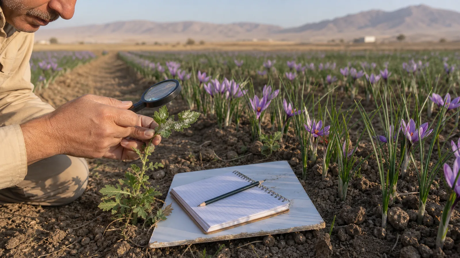 Plant researcher inspecting a diseased weed in a saffron field