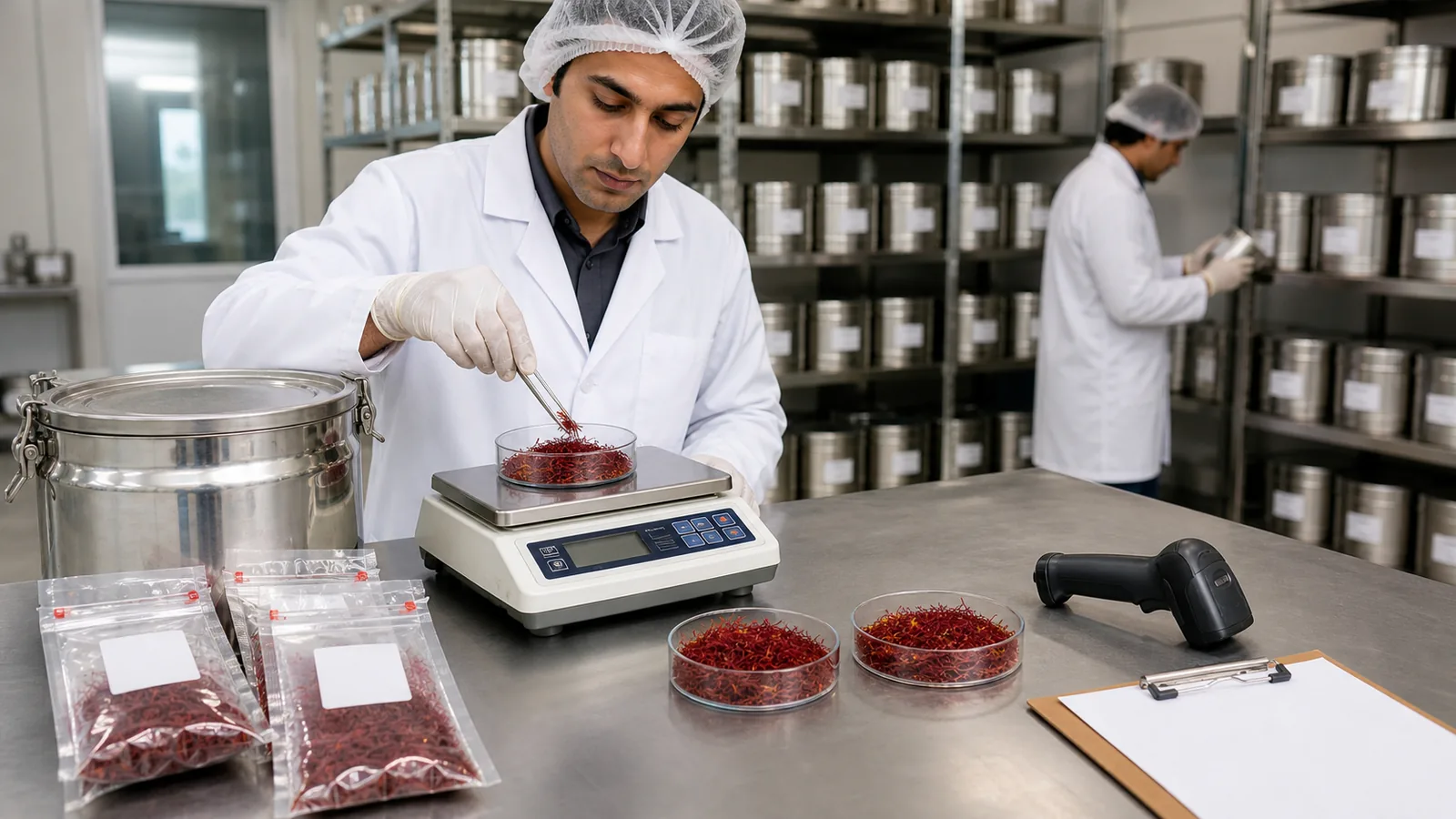 Technician sampling saffron in a commodity warehouse