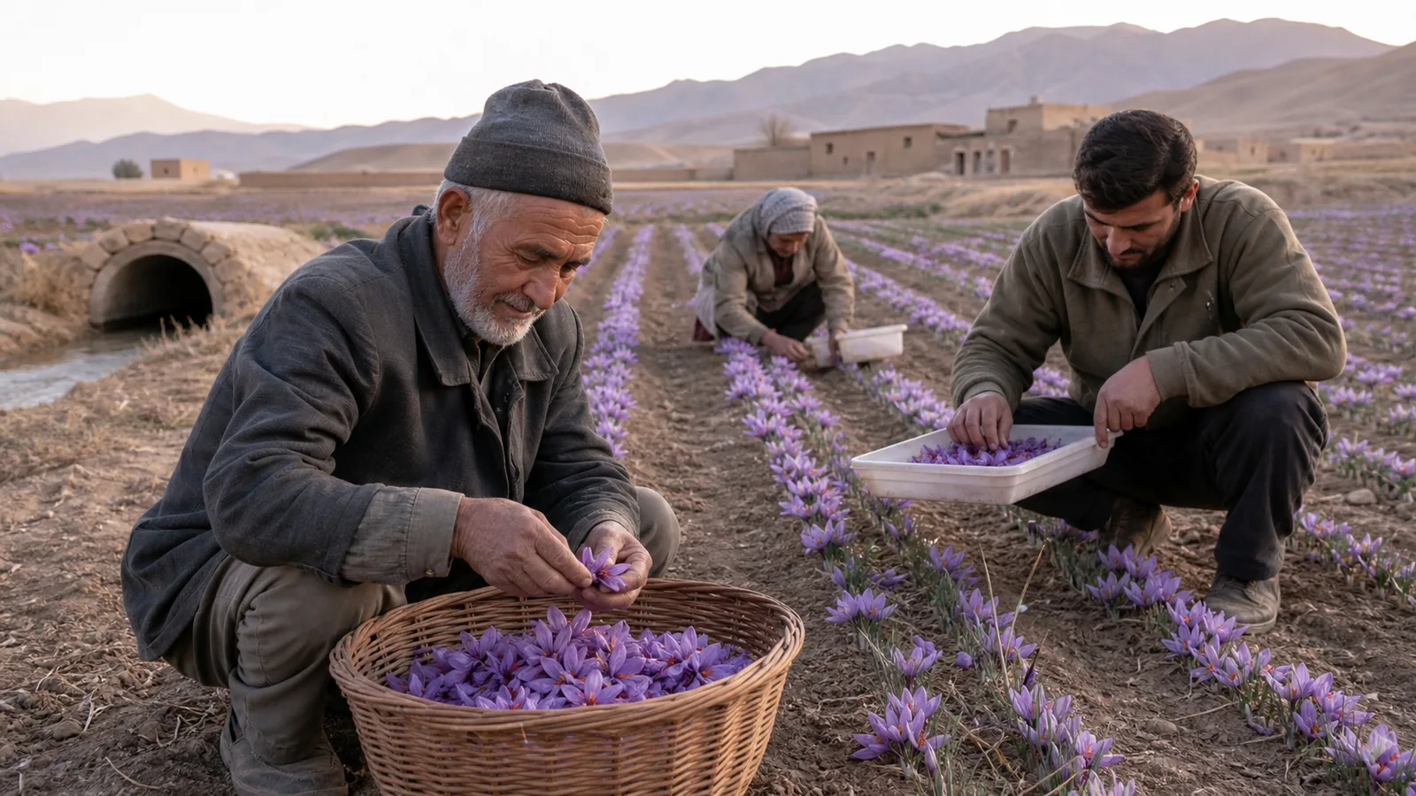 Iranian saffron producers harvesting flowers in Khorasan