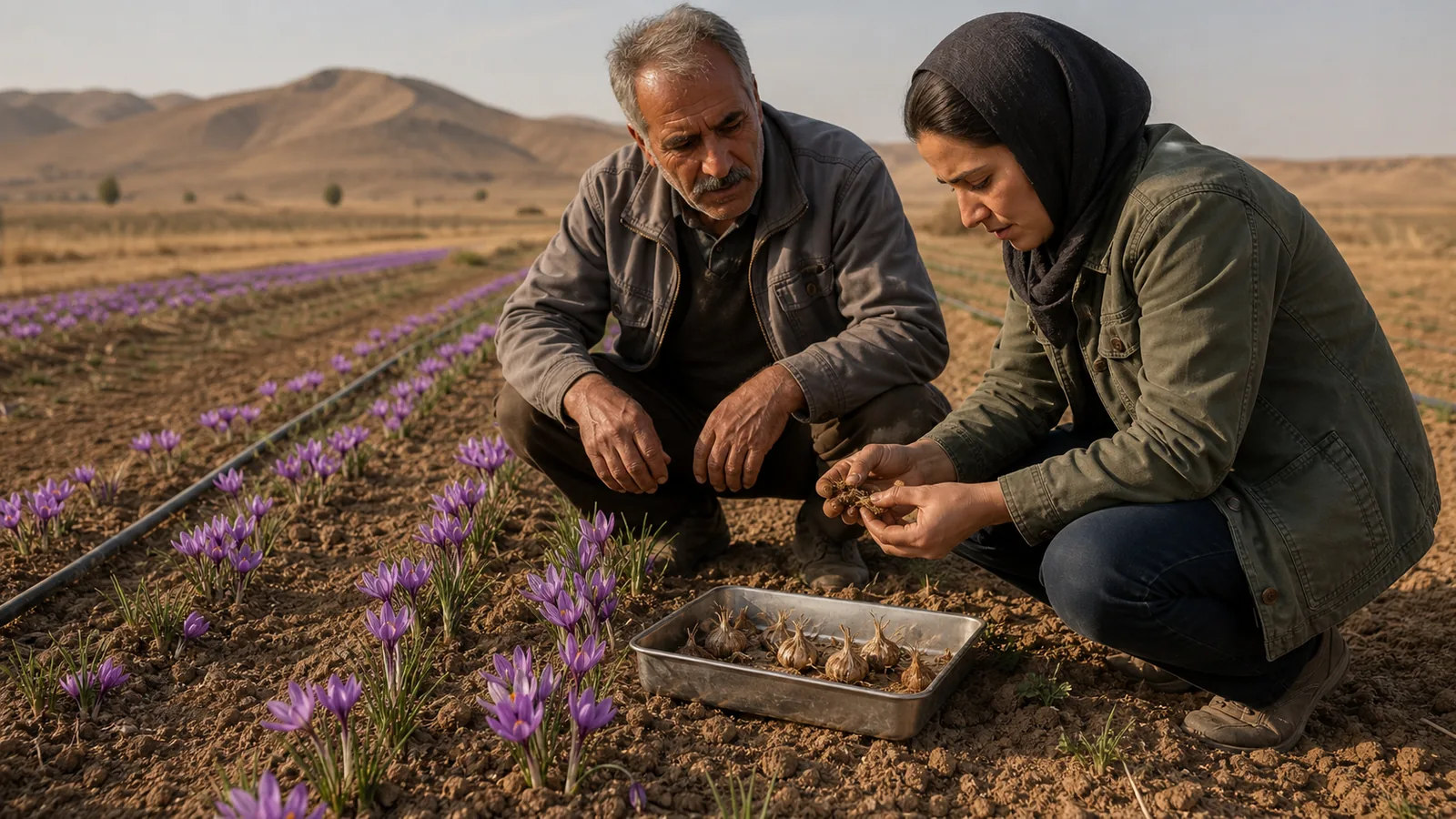 Farmer and agronomist inspecting corms in an organic Iranian saffron field
