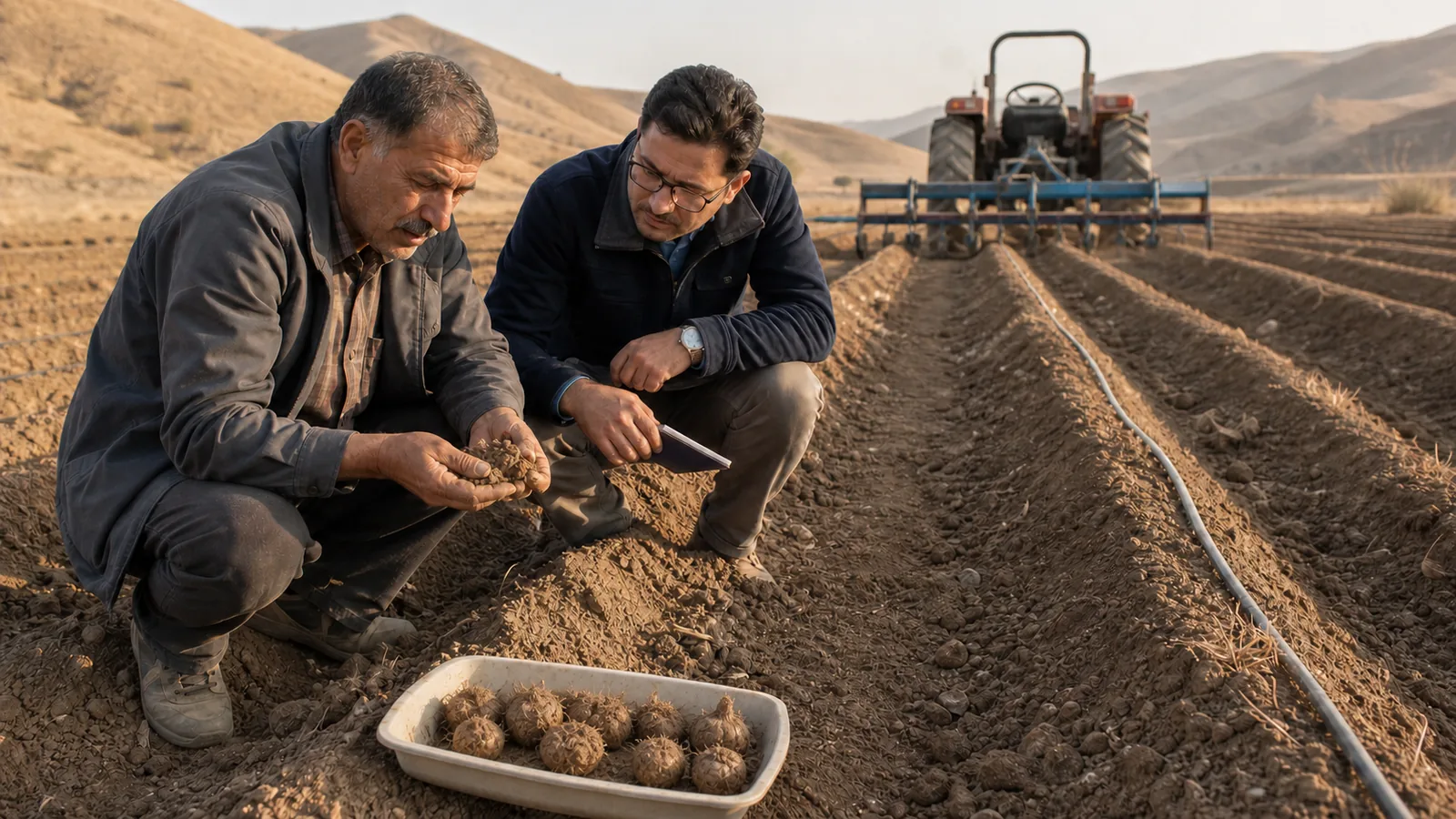 Farmer and agronomist checking soil before planting saffron corms