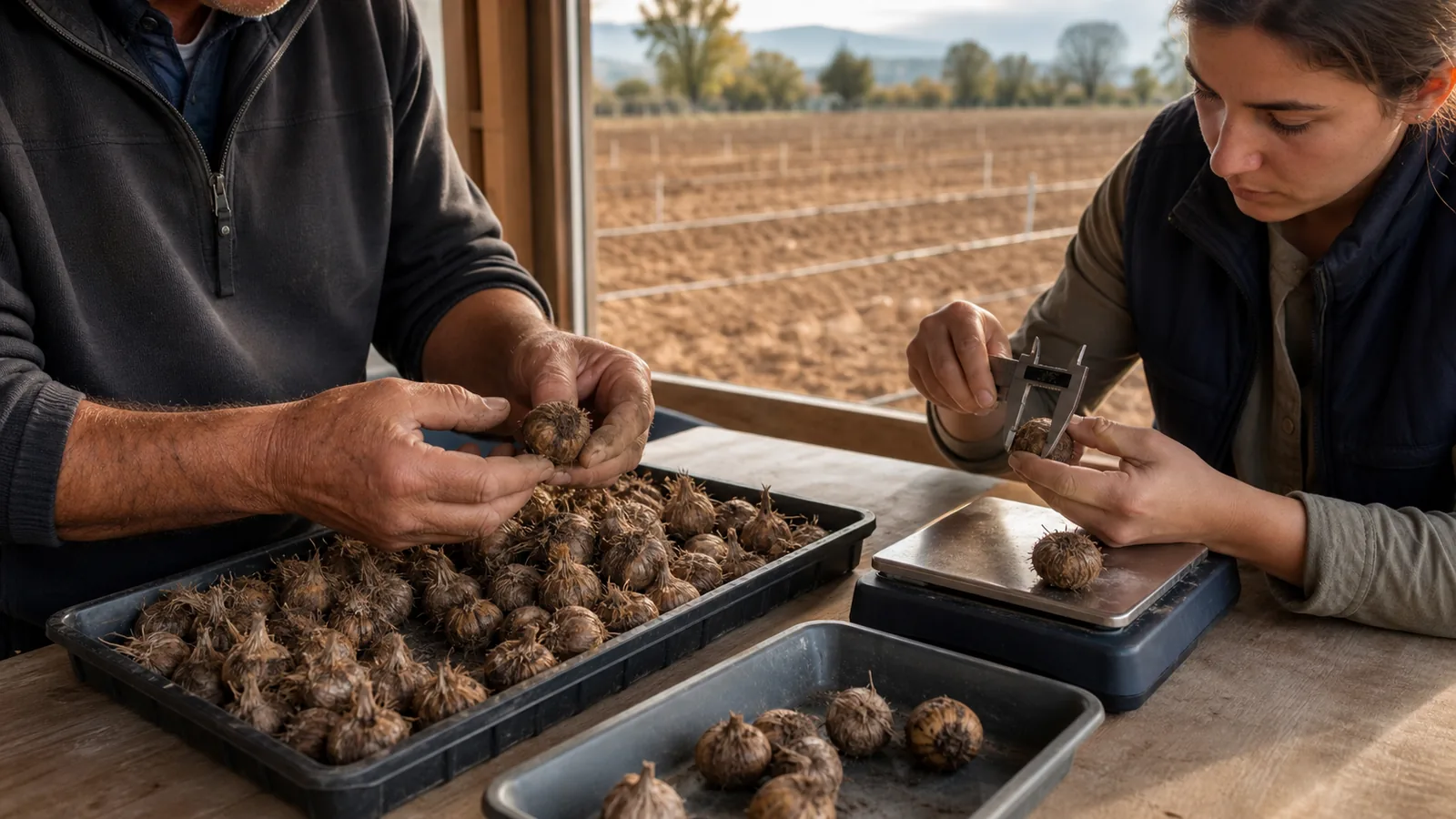 Grower and agronomist grading healthy saffron corms before planting