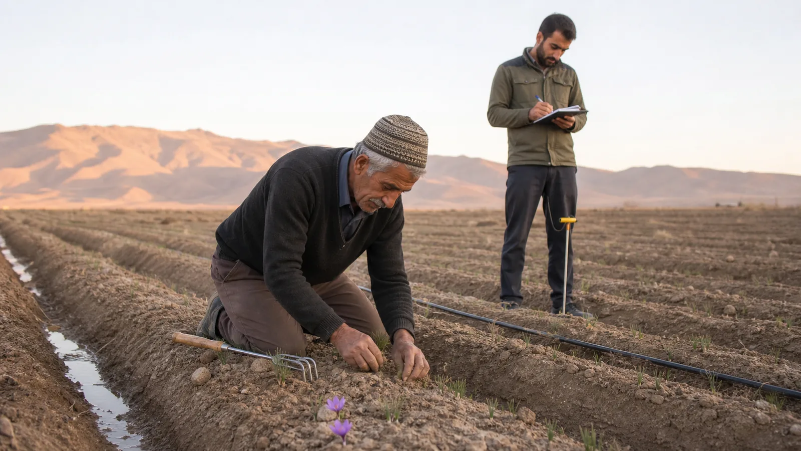 Saffron growers checking soil moisture and emerging plants after irrigation
