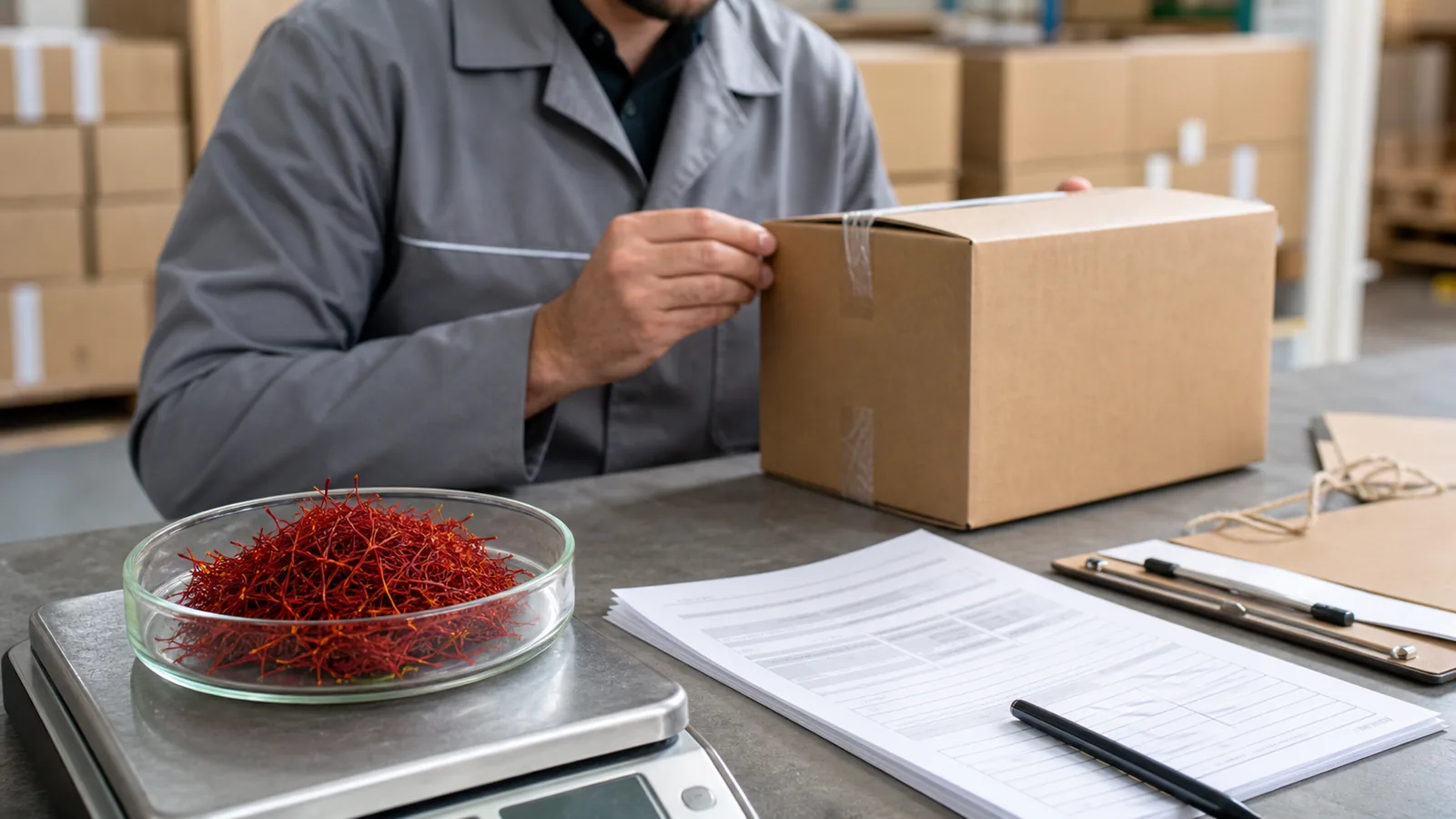 Iranian saffron threads, export cartons and shipment records at a quality-control desk