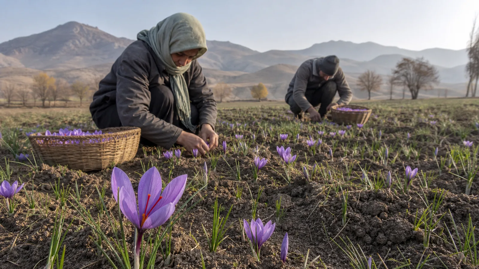 Workers harvesting purple saffron flowers in a Hamedan highland field