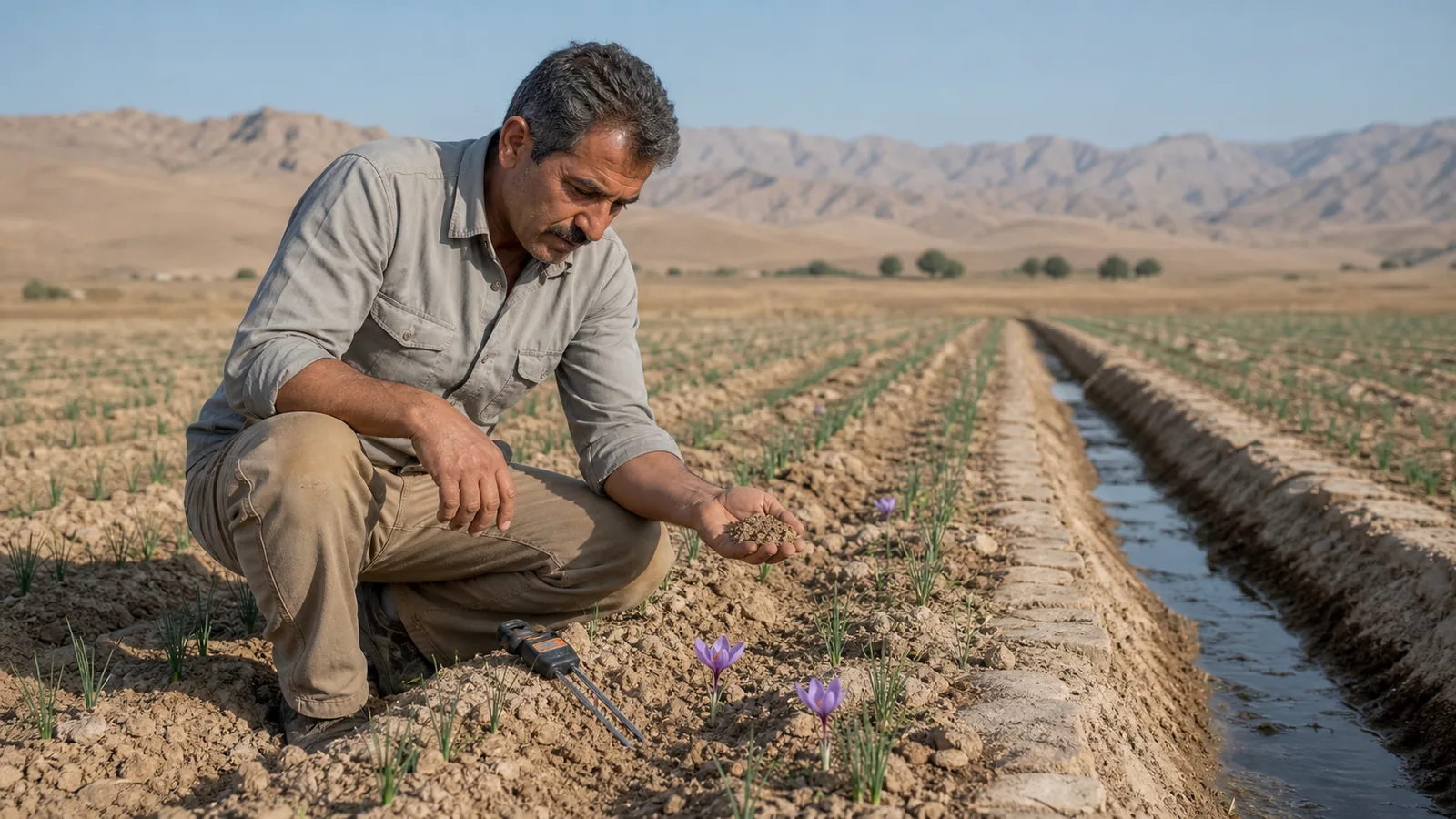 Saffron grower checking dry soil beside a low-water irrigation channel