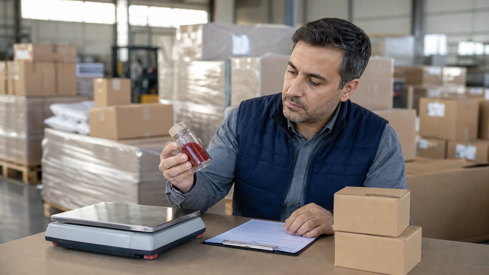 Export specialist inspecting Iranian saffron beside a scale and cargo cartons