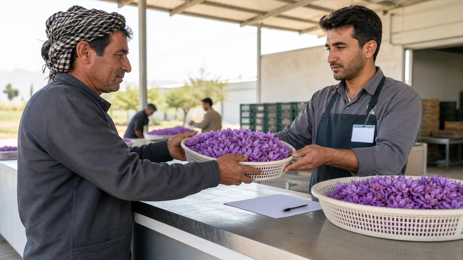 Farmer delivering fresh saffron flowers at a supervised clean market counter