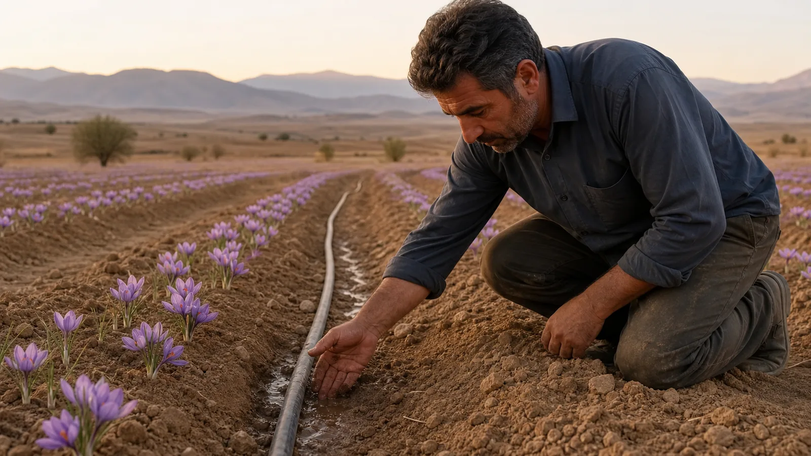 Farmer checking irrigation moisture in a dry-region saffron field