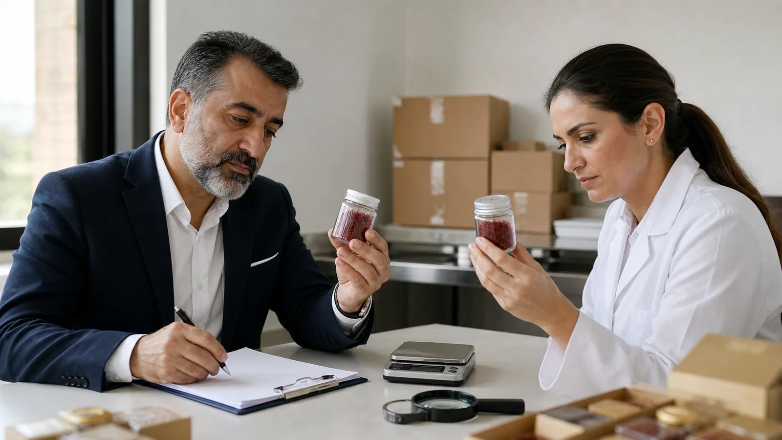 Exporter and quality specialist comparing two saffron samples