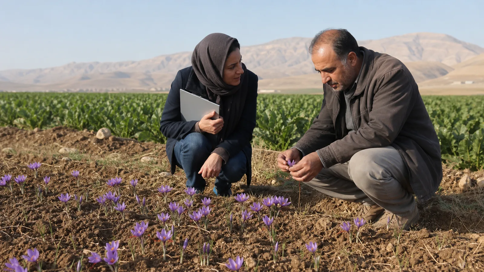 Farmer and agronomist comparing a saffron trial plot with a sugar beet field