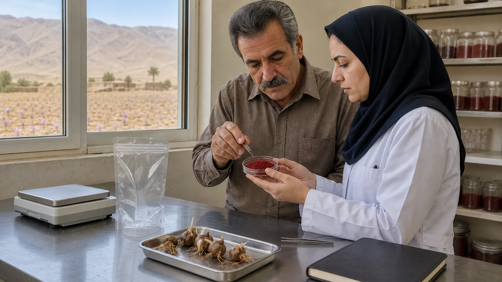 Grower and quality professional inspecting a traceable Ghayenat saffron sample
