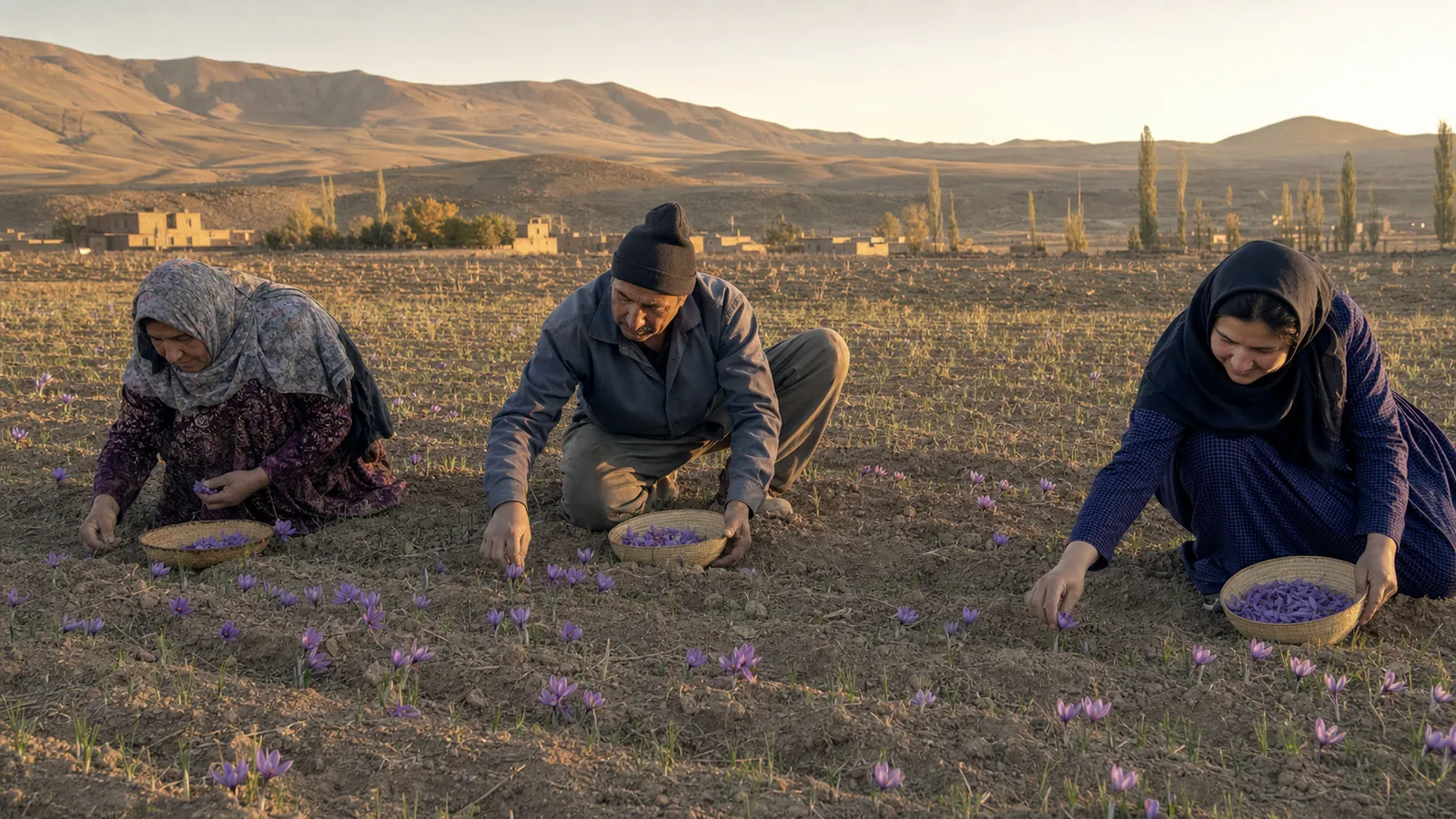 Growers hand-harvesting saffron in Ghaenat County at dawn