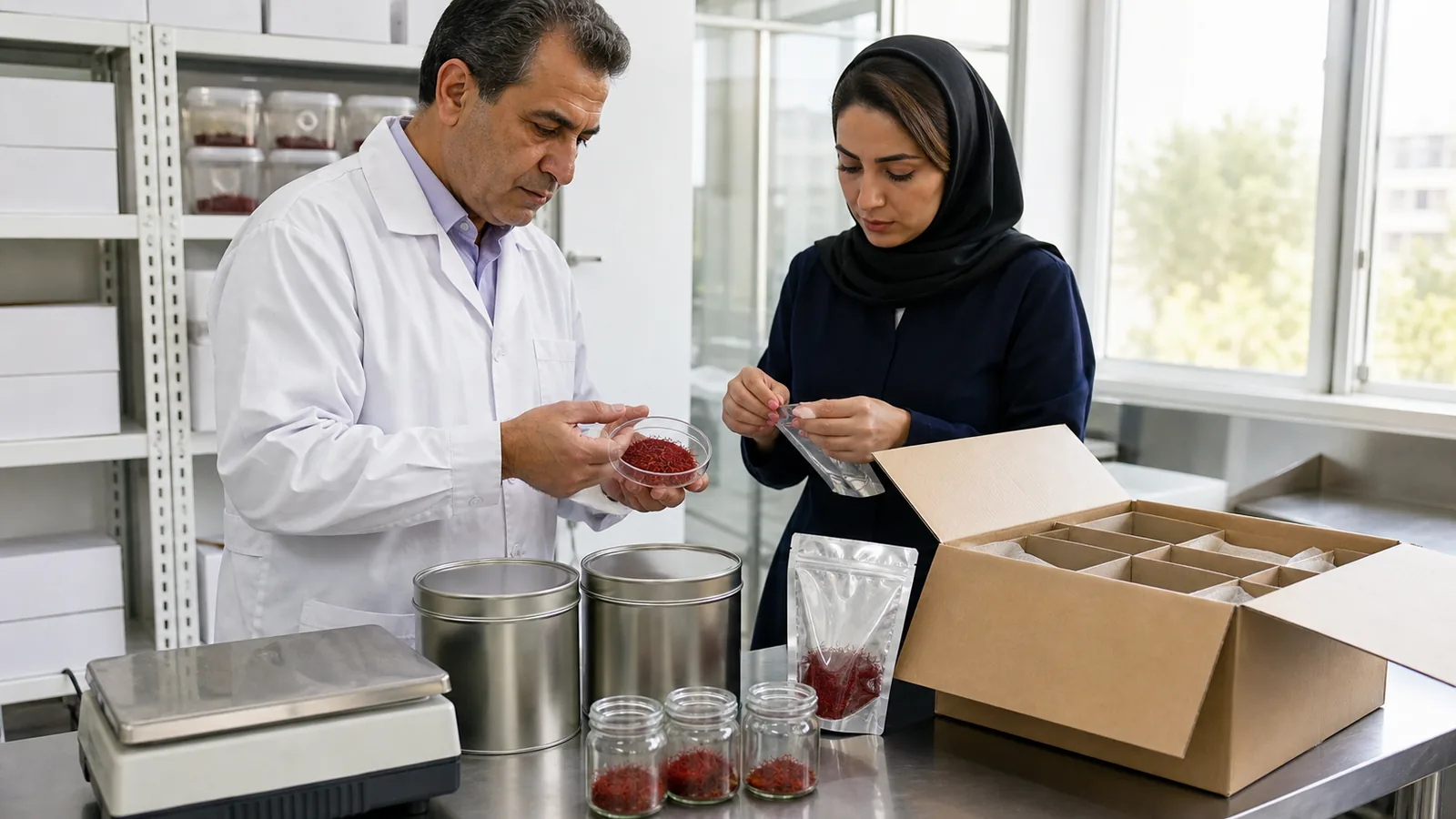 Quality and logistics staff preparing a traceable Iranian saffron export lot