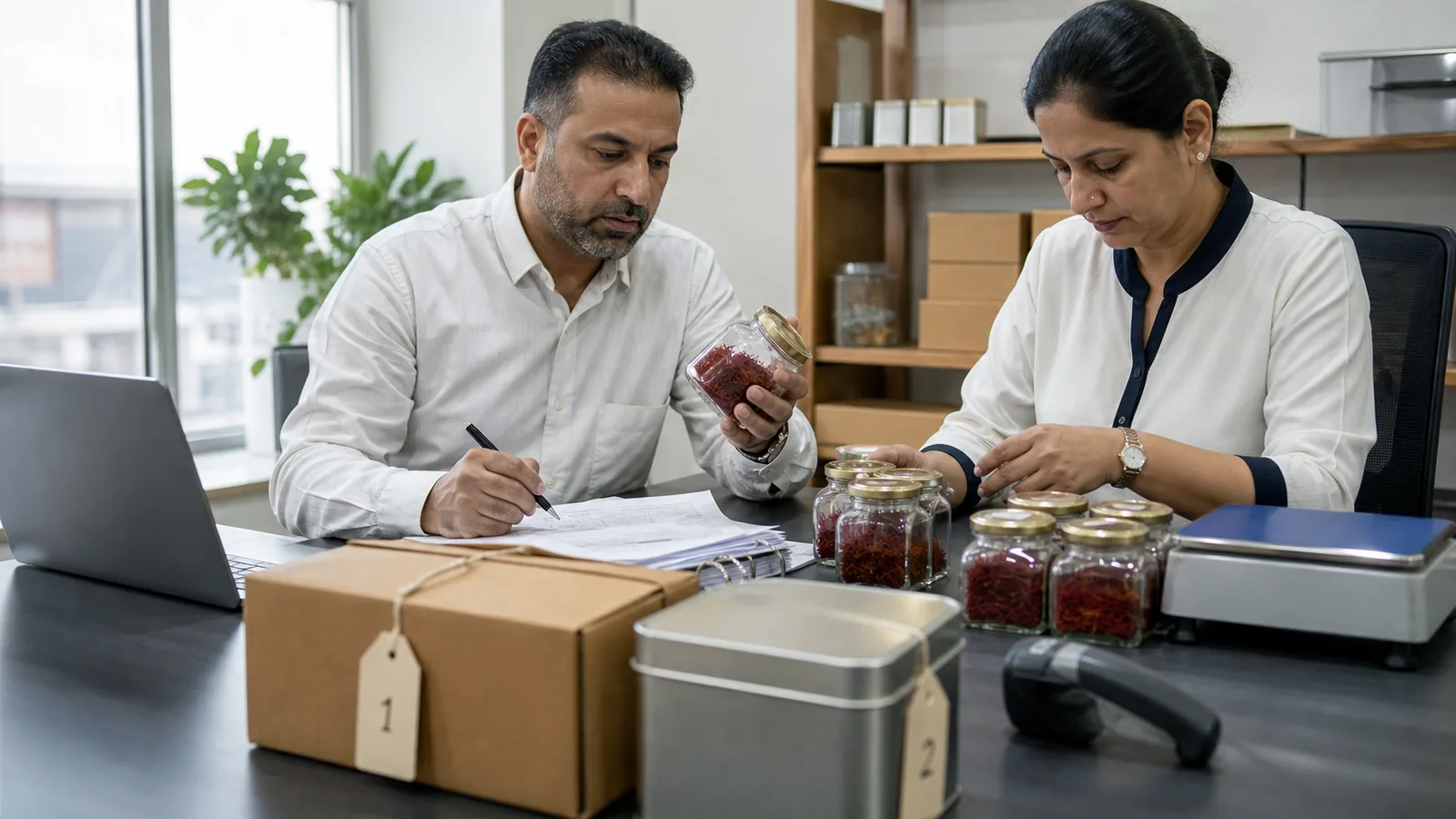 Export team checking saffron jars, cartons and a packing list before shipment
