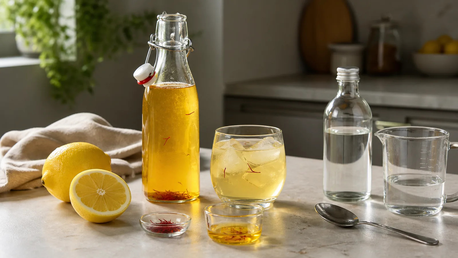 Golden saffron and lemon juice cordial with lemons, rosewater and blooming saffron
