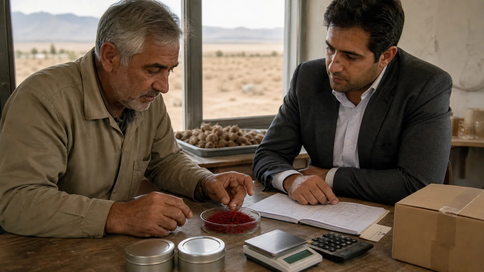 Iranian saffron grower and export buyer reviewing a traceable lot and working-capital records