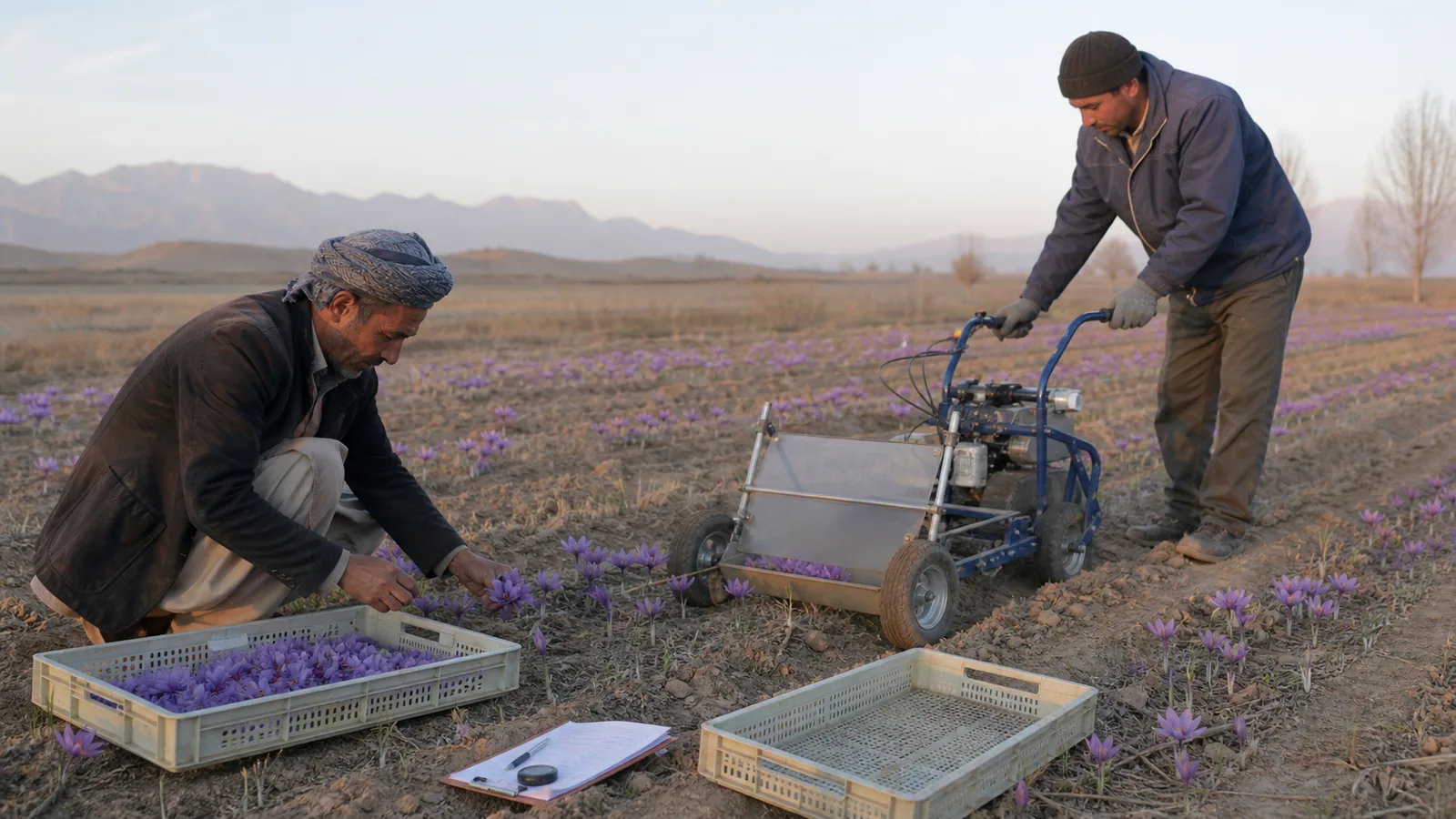 Saffron picker and machine operator comparing flower harvest methods and labour cost