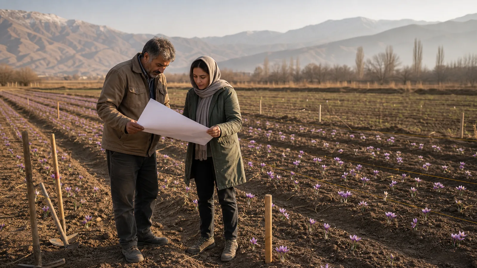Farmer and agronomist planning saffron rows on agricultural land in Malayer