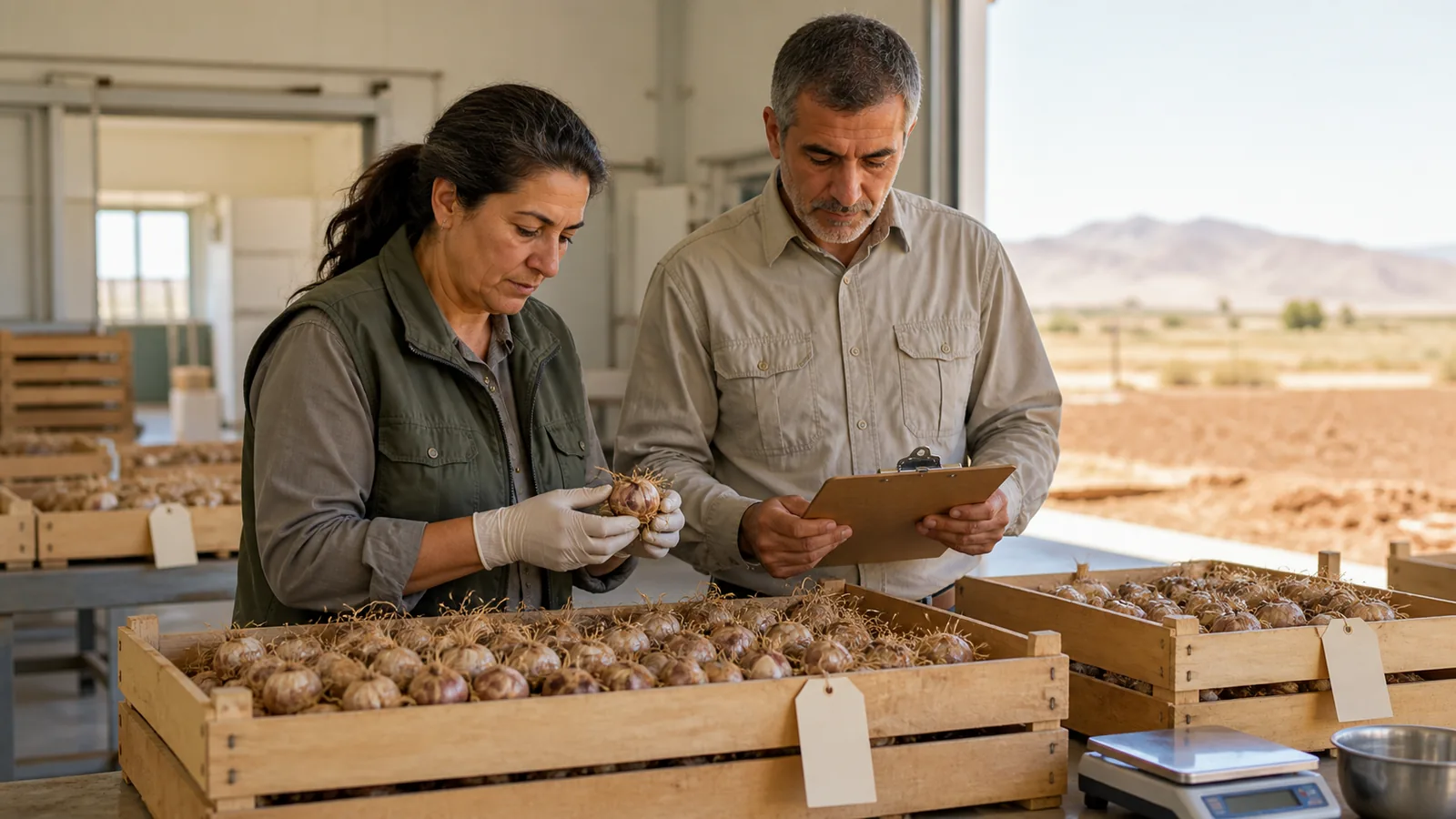 Agricultural inspectors checking saffron corms and traceability records