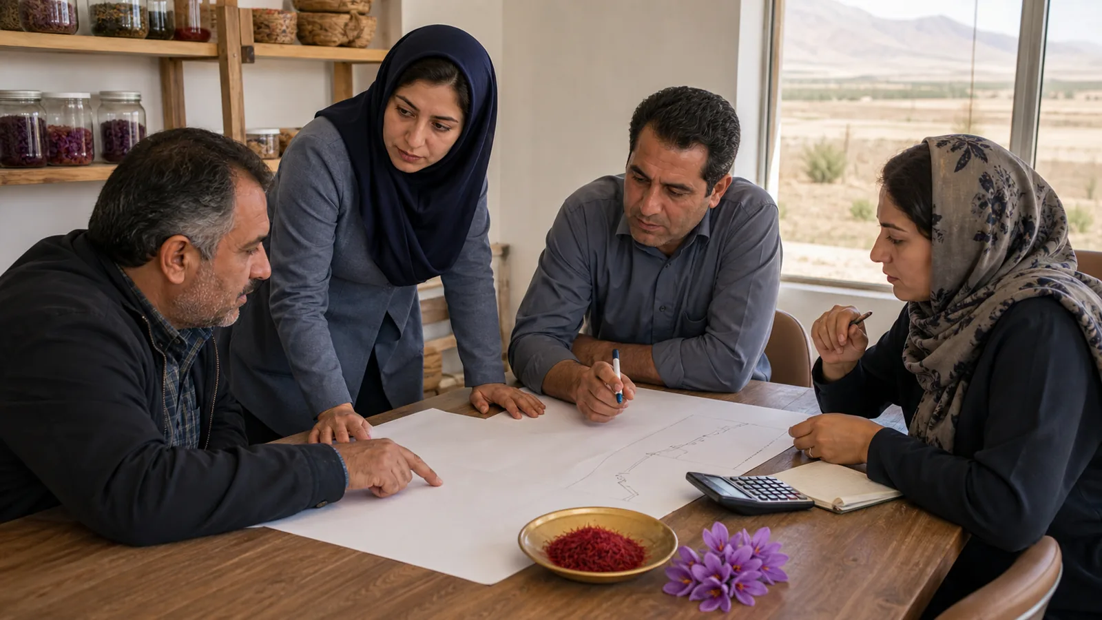 Saffron farmers and specialists reviewing an agriculture plan and water map