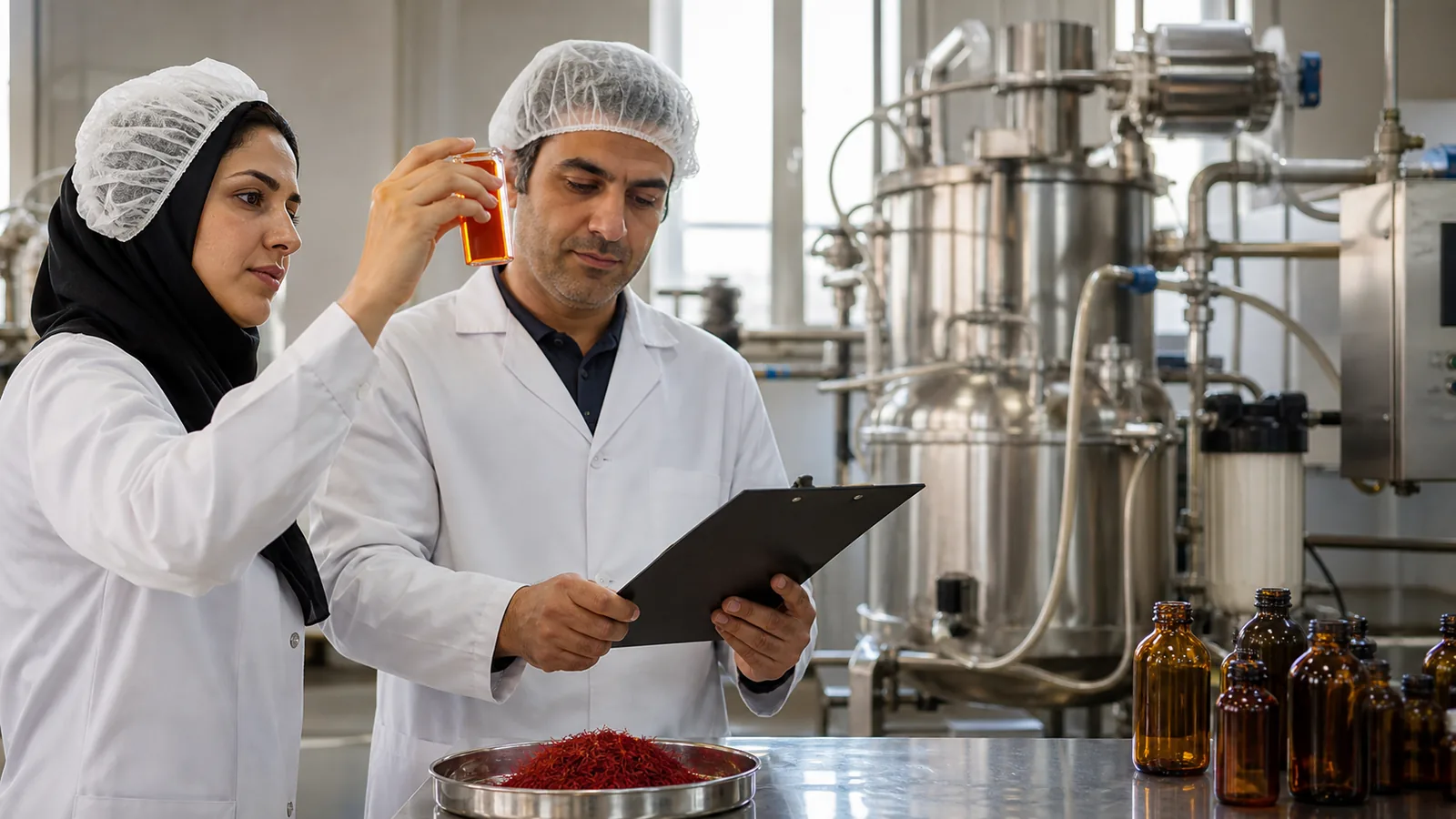 Food-process technicians checking saffron extract in a pilot processing laboratory