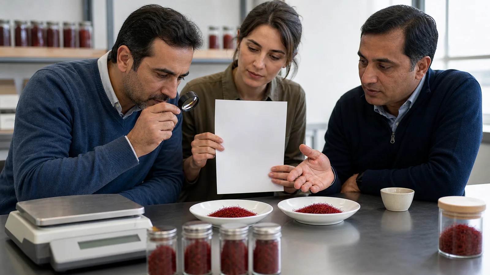 Buyer comparing two saffron thread samples for quality and origin records