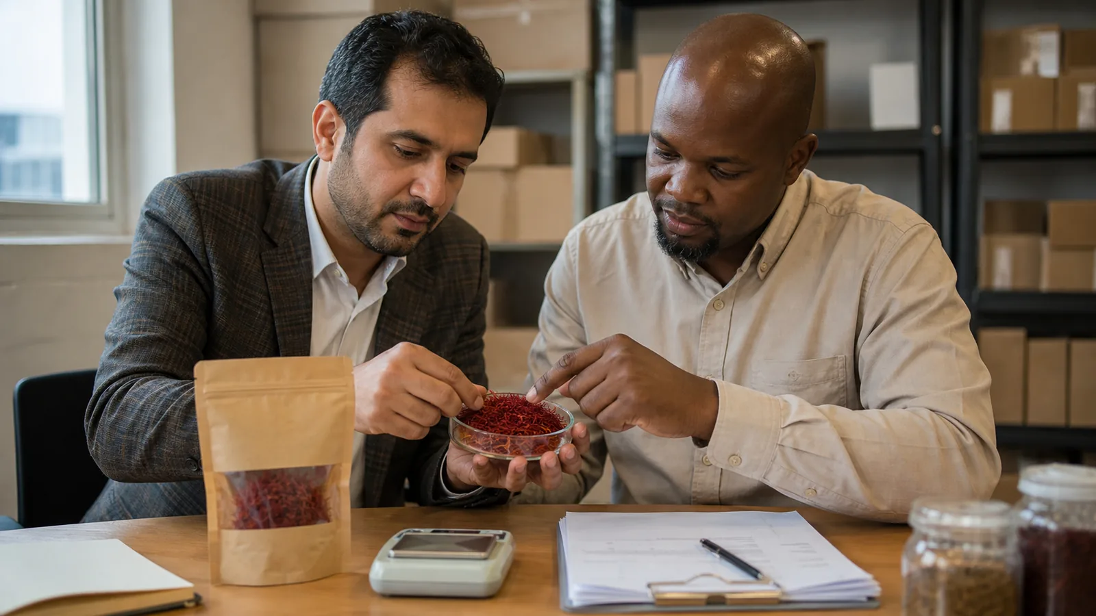 Khorasan saffron exporter and South African buyer inspecting red saffron threads