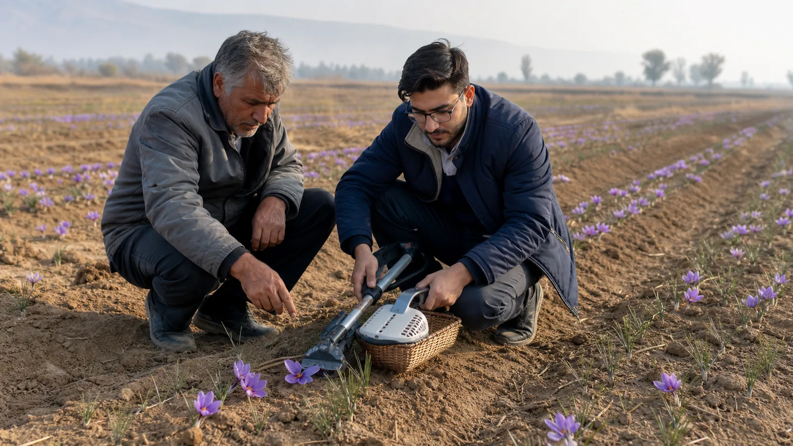 Farmer and engineer testing a compact saffron harvesting machine in a Khorasan field