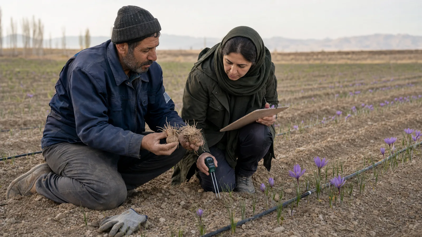 Saffron farmer and agronomist checking corms, soil and irrigation in a Khorasan field