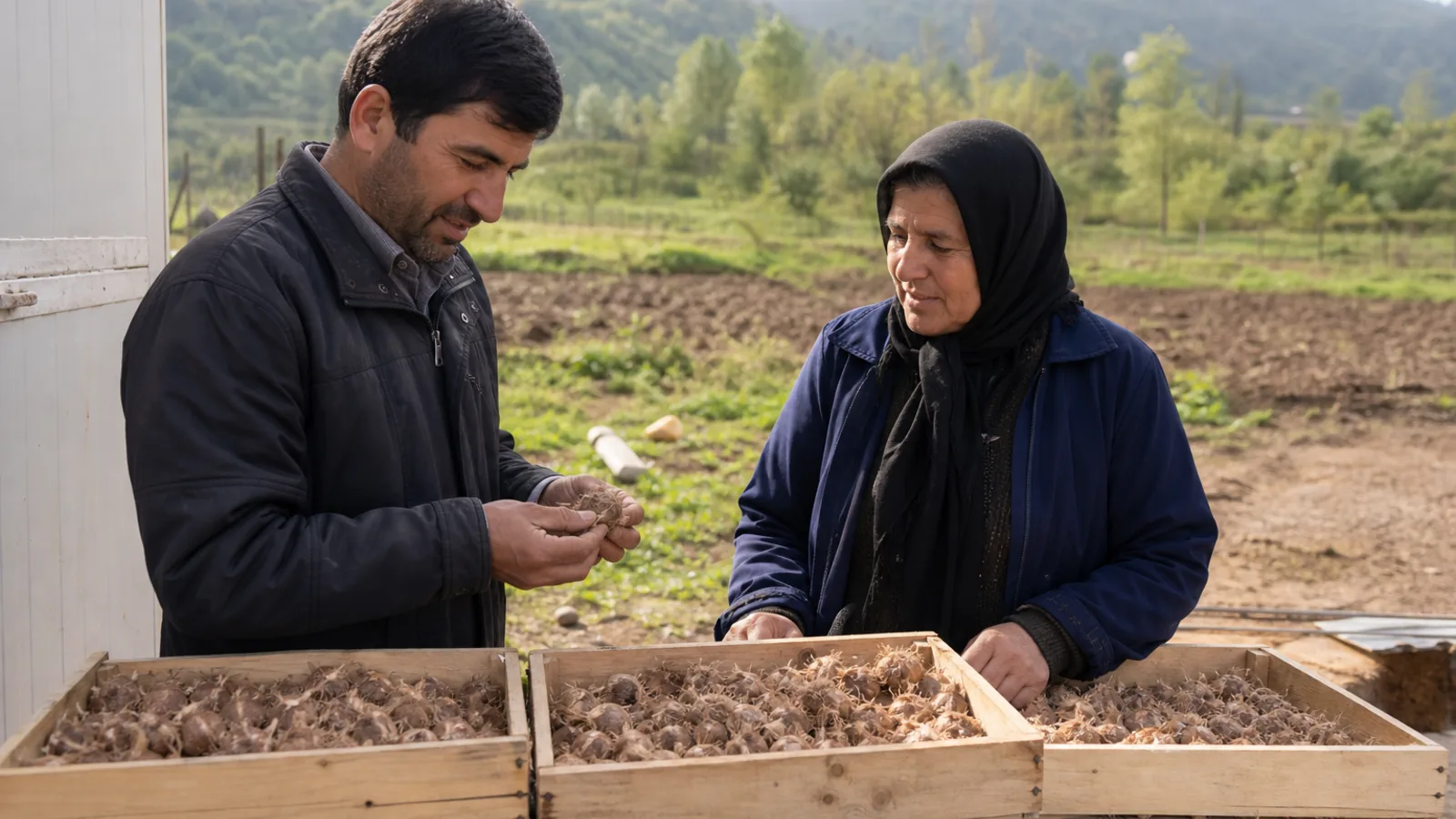 A grower and agricultural adviser inspect saffron corms for distribution in Amlash