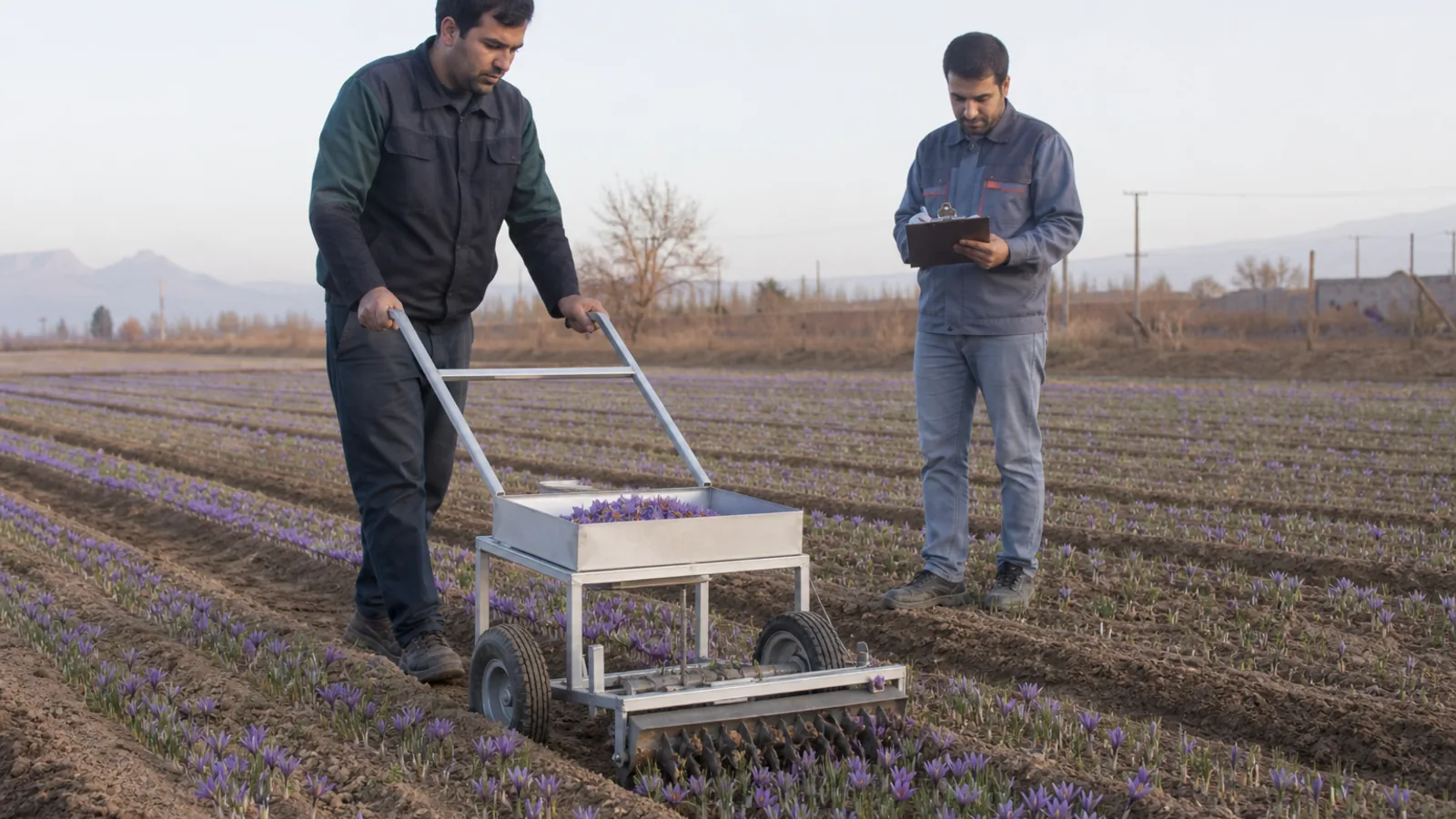 Agricultural engineers test a hand-guided saffron flower harvester in a field