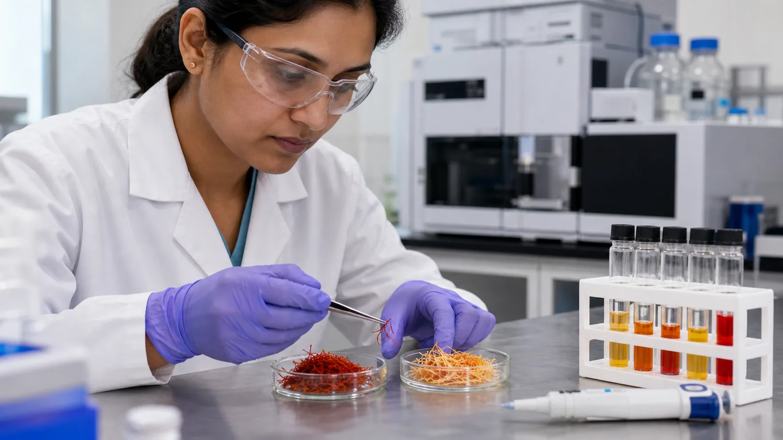 Food safety analyst compares saffron threads and coloured plant material in a laboratory
