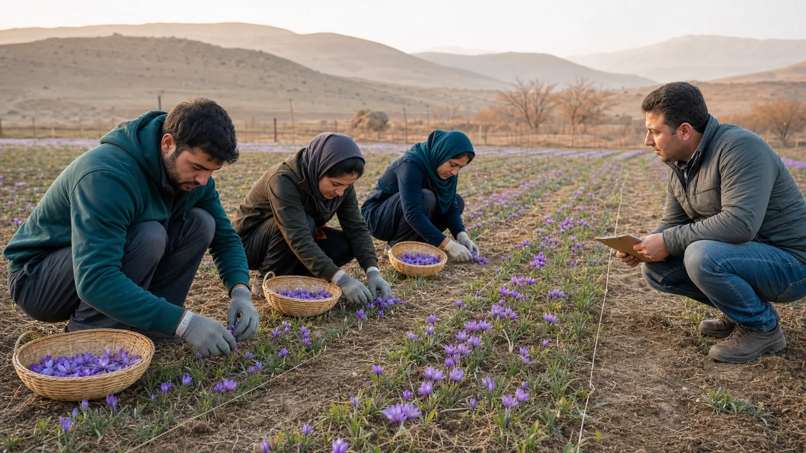 Saffron workers hand-pick flowers while an adviser reviews a smallholder field trial