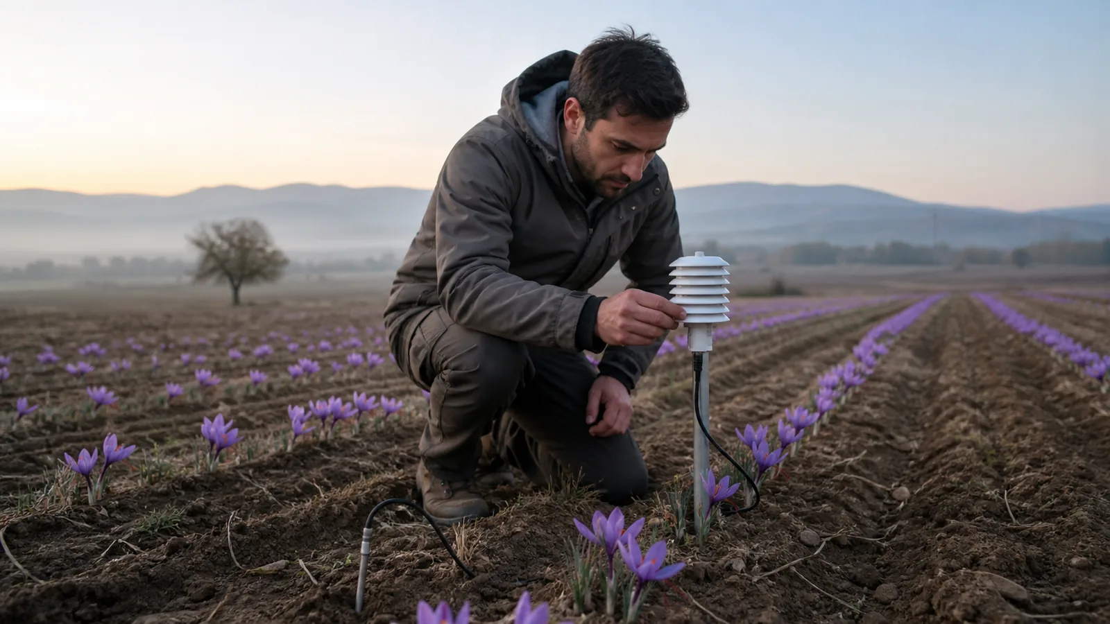 Agronomist checks air and soil temperature beside flowering saffron rows